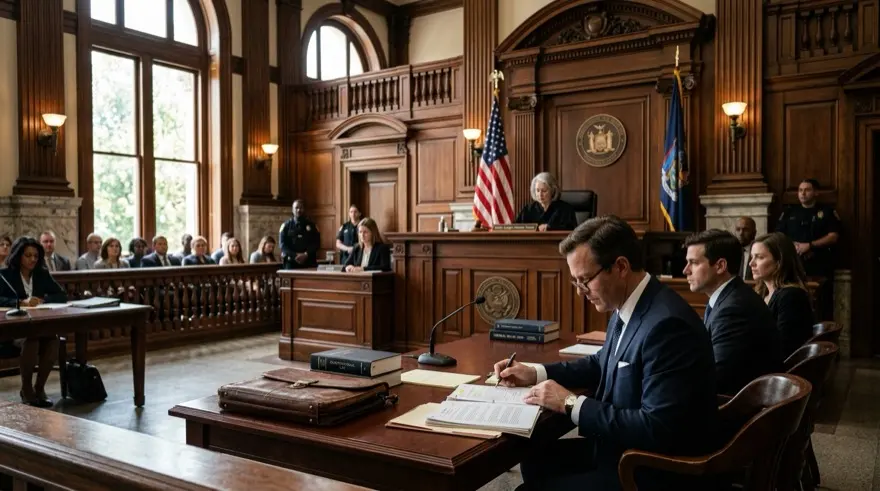 Active courtroom trial litigation with defense counsel and court bailiffs